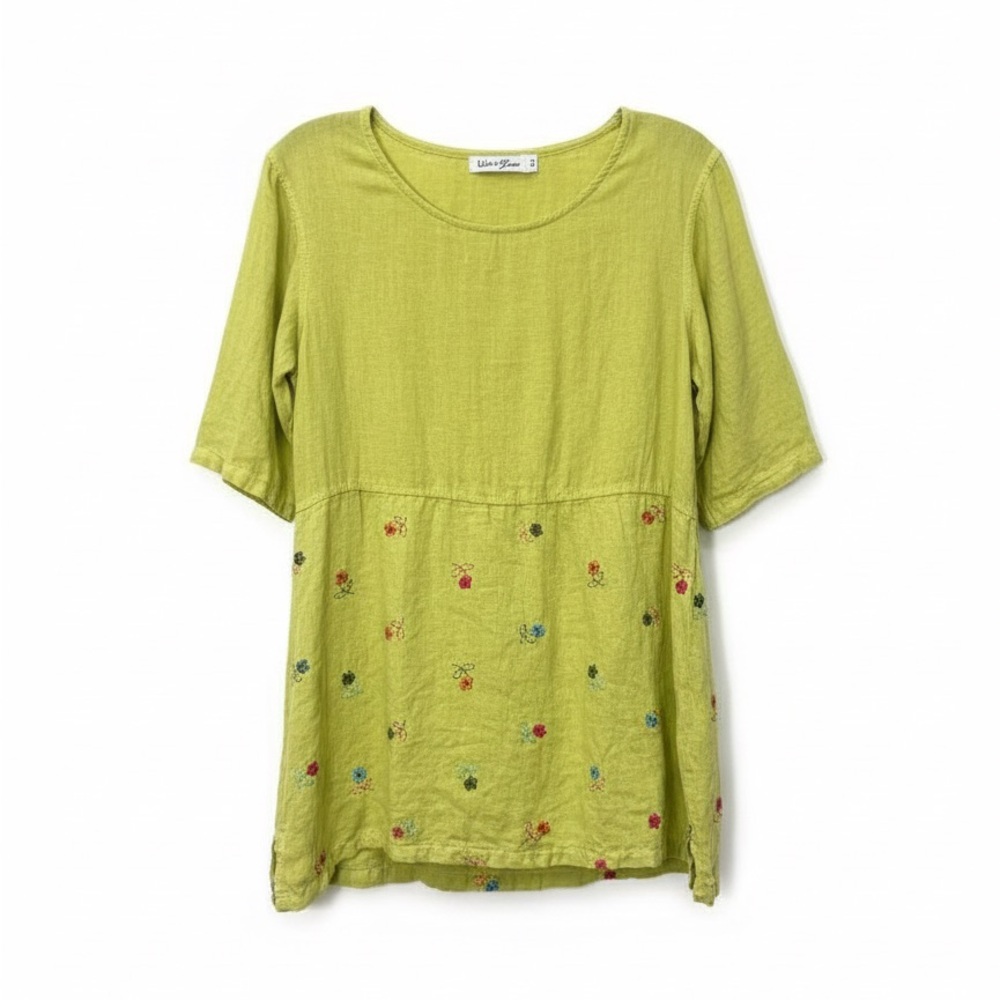 Liz & Jane 100% Linen Embroidered Tunic - Chartreuse Lagenlook Coastal Bohemian